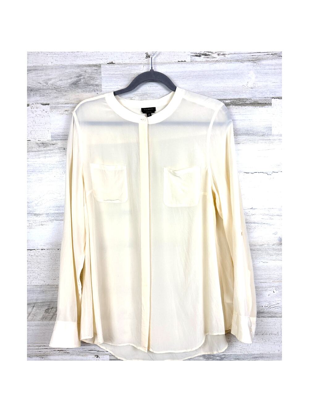 Talbots Womens 14 Cream Washable 100% Silk Long Sleeve Button-Up Dress Shirt NEW